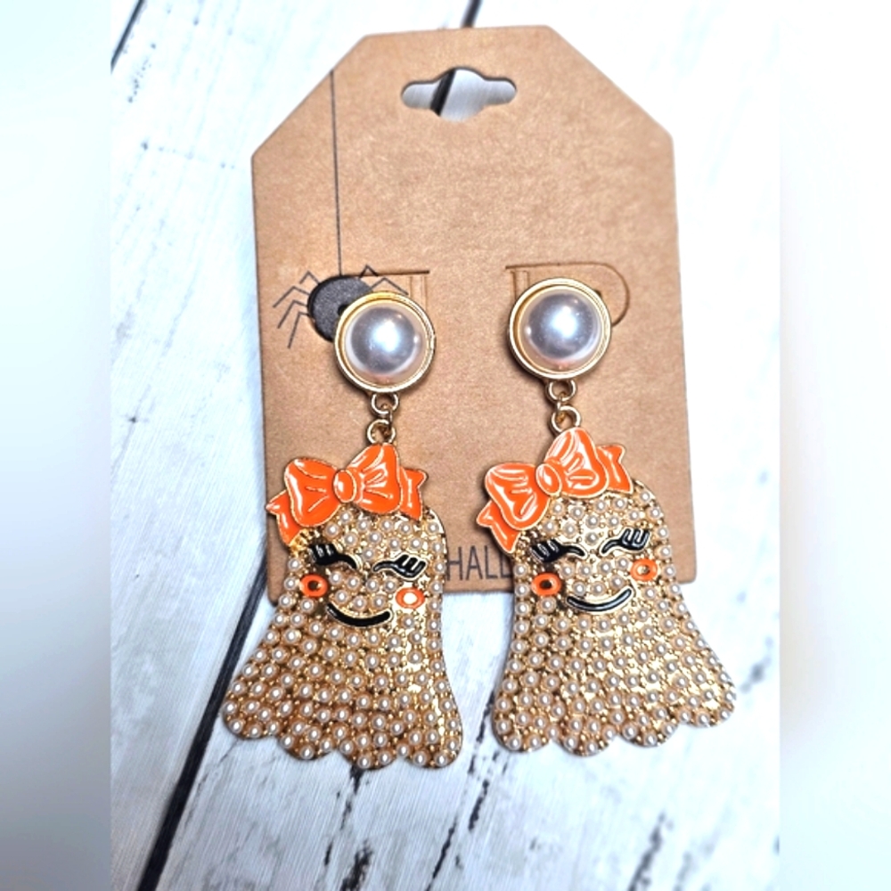 NEW Halloween Ghost Gold Pearl Stud Dangle Earrings Orange Bow - Picture 5 of 7